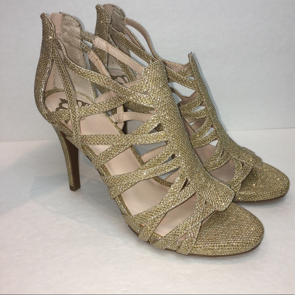 - Fergalicious Shimmery Gold Sandals Size 7NWOT Zip back heels